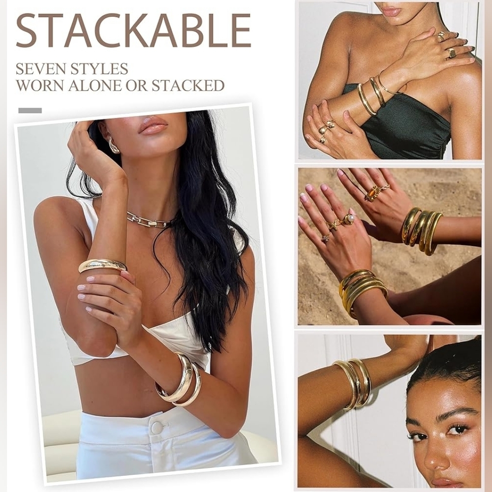 14K Gold Plated Chunky Boho Bangle Stackable Bracelets Set - Picture 5 of 7